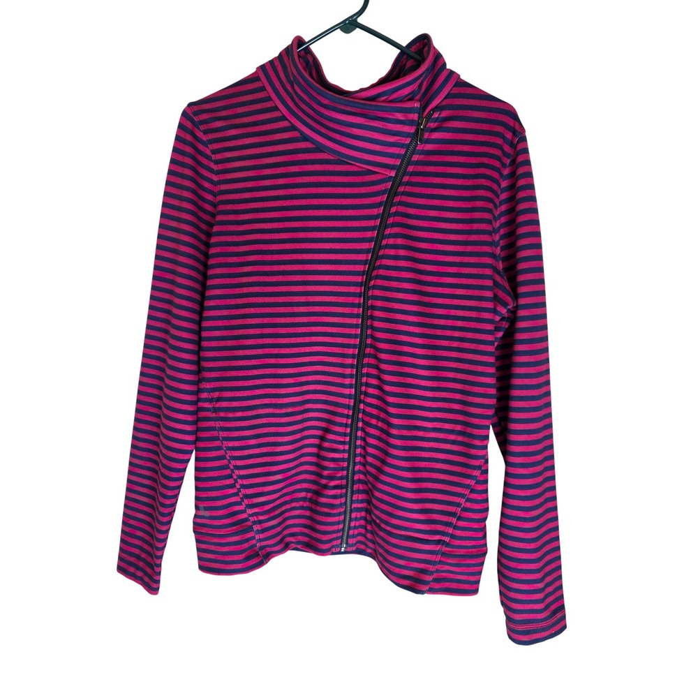 Lole Womens Asymmetrical Zip Funnel Neck Striped Jacket Magenta Navy Blue Large